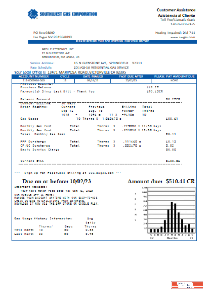 Southwest gas Corporation utility business bill, SCR PSD template